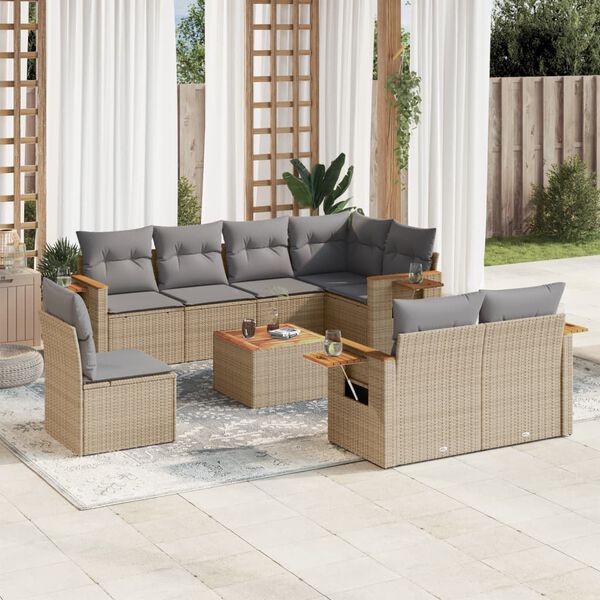 vidaXL 9-delige Loungeset met kussens poly rattan beige