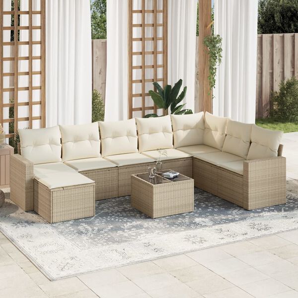 vidaXL 9-delige Loungeset met kussens poly rattan beige