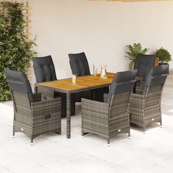 vidaXL 7-delige Bistroset met kussens poly rattan grijs
