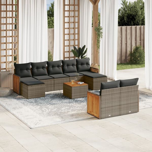 vidaXL 10-delige Loungeset met kussens poly rattan grijs