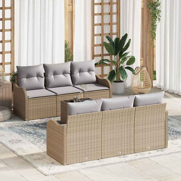 vidaXL Tuin Sofa Set 7 pcs Beige en Grijs Poly rattan, staal en glas