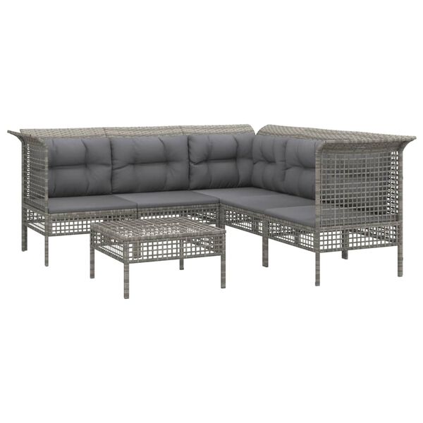 vidaXL 6-delige Loungeset met kussens poly rattan grijs