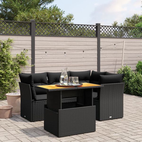 vidaXL 5-delige Loungeset met kussens poly rattan zwart