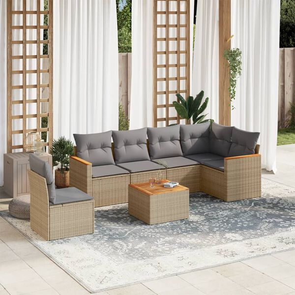 vidaXL 7-delige Loungeset met kussens poly rattan beige