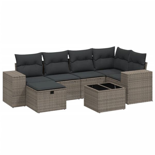 vidaXL 7-delige Loungeset met kussens poly rattan lichtgrijs