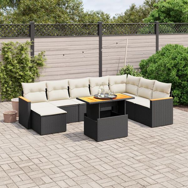 vidaXL 9-delige Loungeset met kussens poly rattan zwart