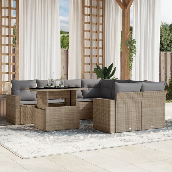 vidaXL 9-delige Loungeset met kussens poly rattan beige