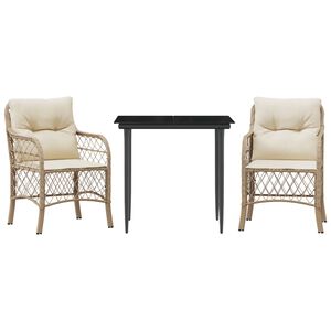 vidaXL 3-delige Bistroset met kussens poly rattan beige