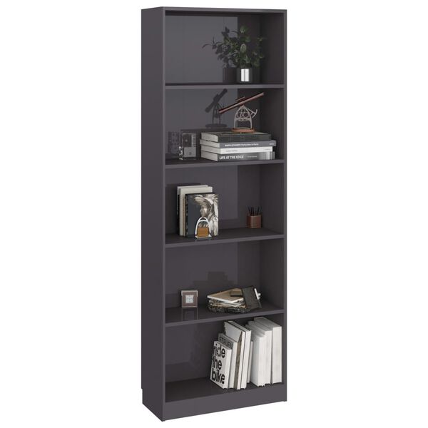 vidaXL Boekenkast 5 schappen 60x24x175 cm bewerkt hout hoogglans grijs