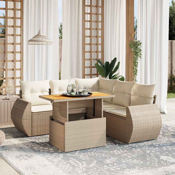 vidaXL 6-delige Loungeset met kussens poly rattan beige