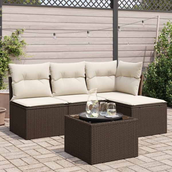 vidaXL 5-delige Loungeset met kussens poly rattan bruin