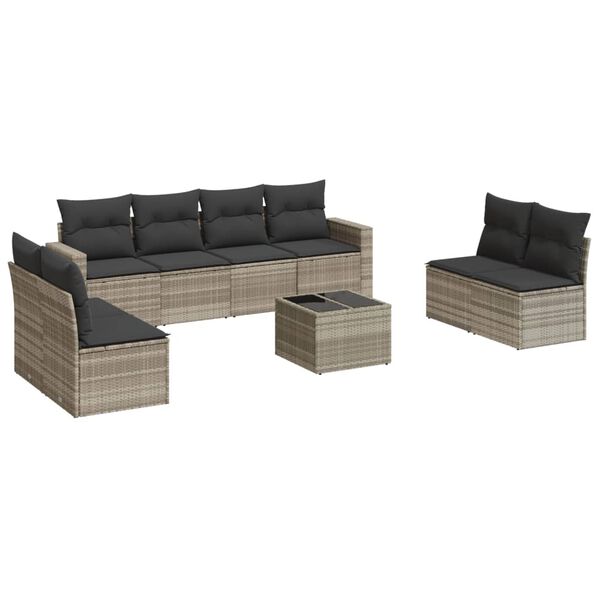 vidaXL 9-delige Loungeset met kussens poly rattan lichtgrijs