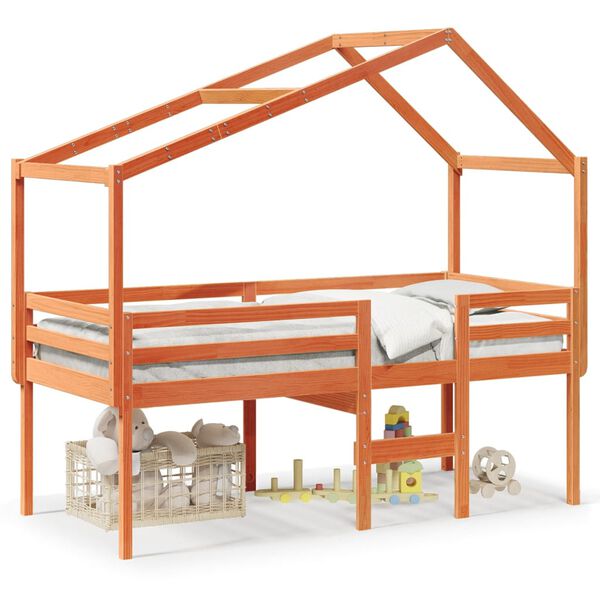 vidaXL Hoogslaper met dak massief grenenhout wasbruin 90x190 cm