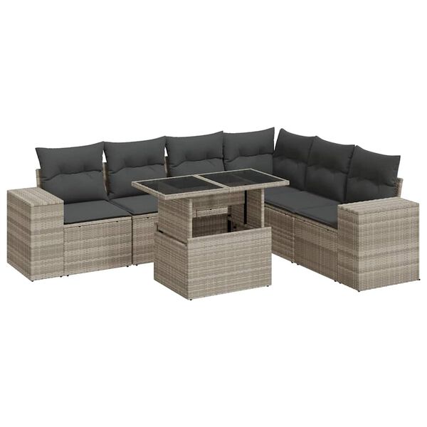 vidaXL 7-delige Loungeset met kussens poly rattan lichtgrijs