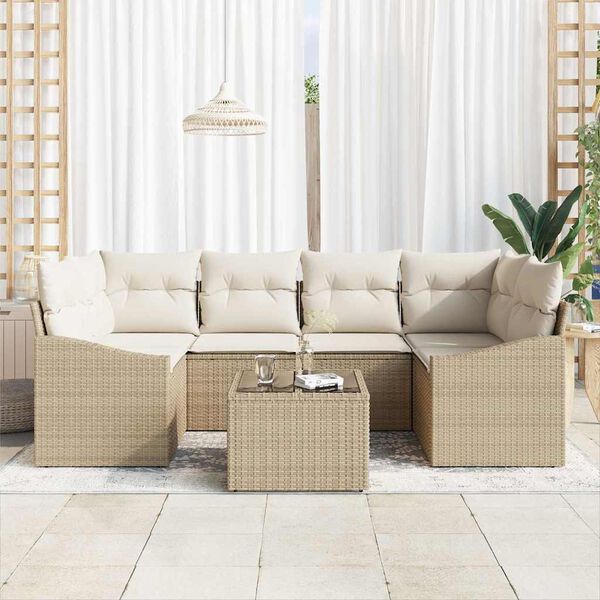 vidaXL Bankstel met kussen met kussen 7 pcs Beige en Cr&egrave;me poly rattan