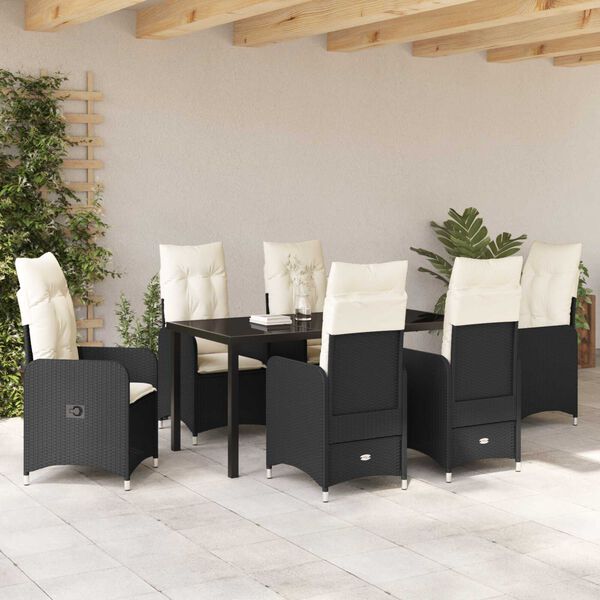 vidaXL Tuin eettafelset met kussen 7 pcs Zwart poly rattan