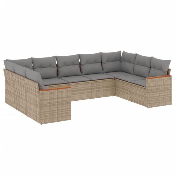 vidaXL 9-delige Loungeset met kussens poly rattan beige