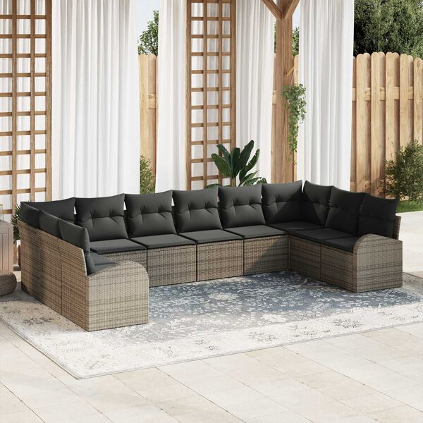 vidaXL Bankstel met kussen 10 pcs Grijs Polyrattan