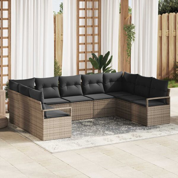 vidaXL Bankstel met kussen 9 pcs Grijs poly rattan