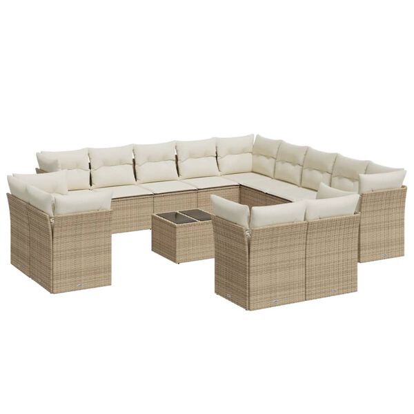 vidaXL 14-delige Loungeset met kussens poly rattan beige