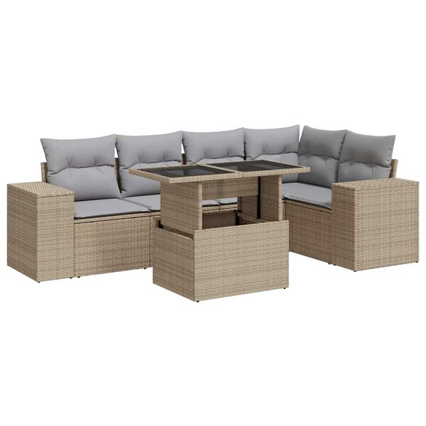 vidaXL 6-delige Loungeset met kussens poly rattan beige