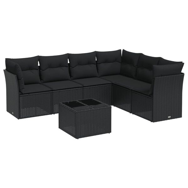 vidaXL 7-delige Loungeset met kussens poly rattan zwart