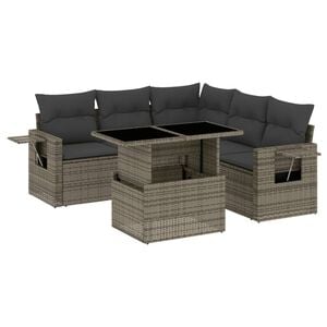 vidaXL 6-delige Loungeset met kussens poly rattan grijs