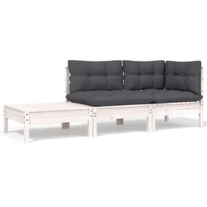 vidaXL 3-delige Loungeset met kussens massief grenenhout wit