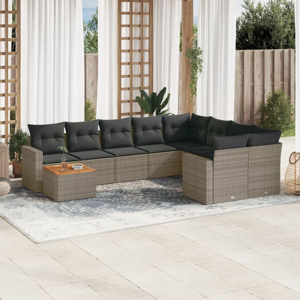 vidaXL 10-delige Loungeset met kussens poly rattan grijs