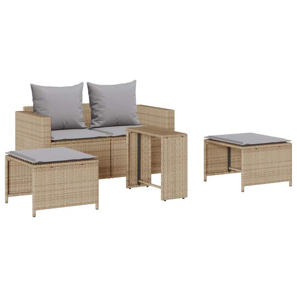vidaXL 5-delige Tuinbankstel met kussens stapelbaar beige poly rattan