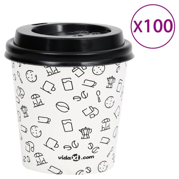 vidaXL Koffiebekers 100 st met deksels 120 ml papier wit en zwart
