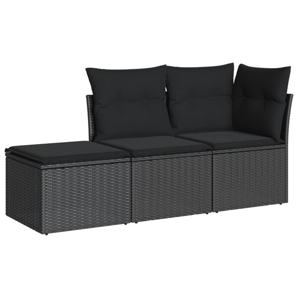 vidaXL 3-delige Loungeset met kussens poly rattan zwart