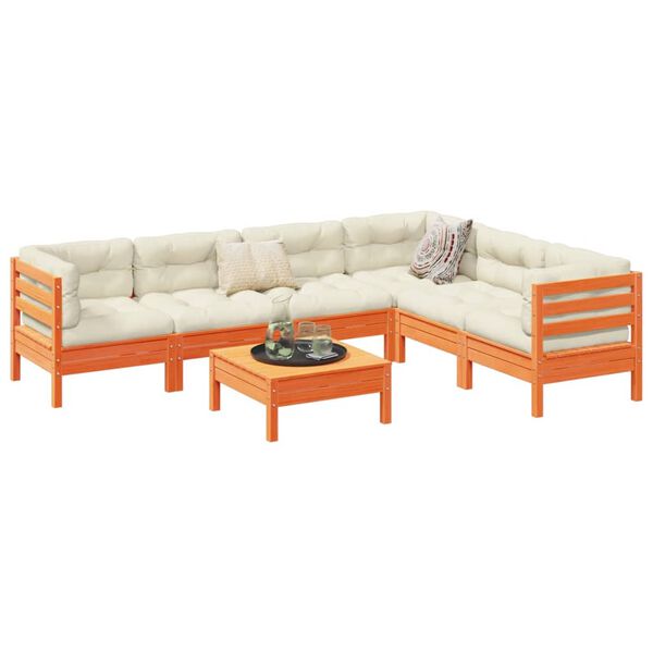 vidaXL 7-delige Loungeset met kussens massief grenenhout wasbruin