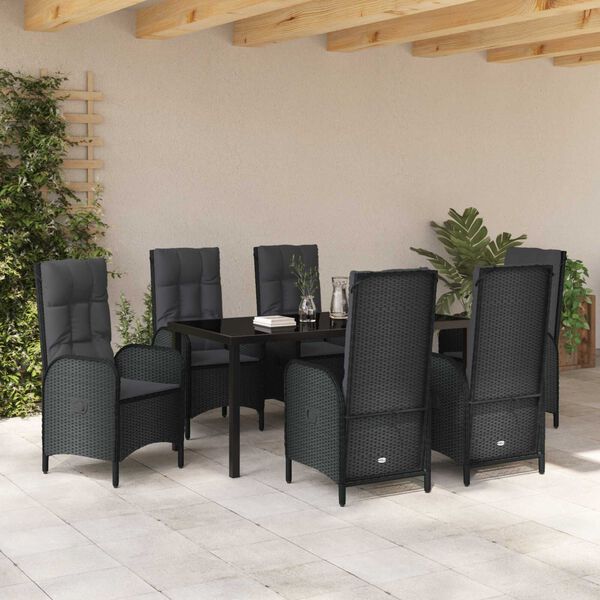 vidaXL Tuin eettafelset met kussen 7 pcs Zwart poly rattan