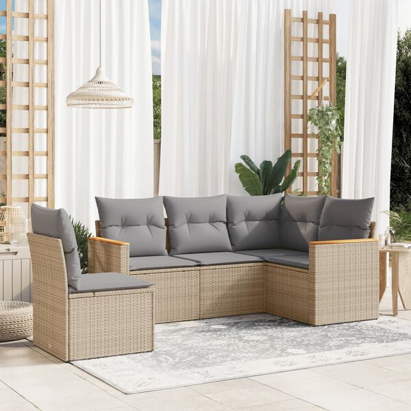 vidaXL 5-delige Loungeset met kussens poly rattan beige
