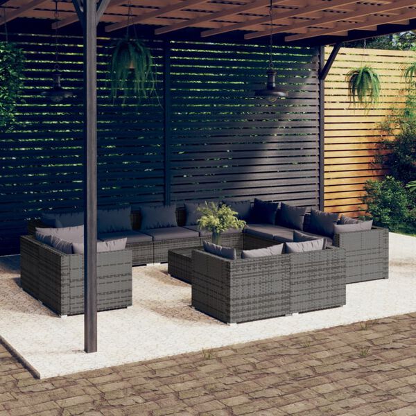 vidaXL 13-delige Loungeset met kussens poly rattan grijs