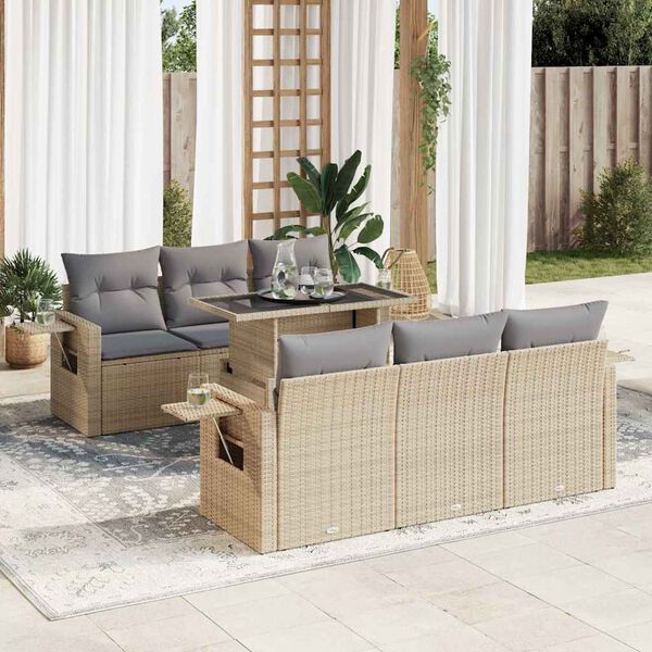 vidaXL 7-delige Loungeset met kussens poly rattan beige