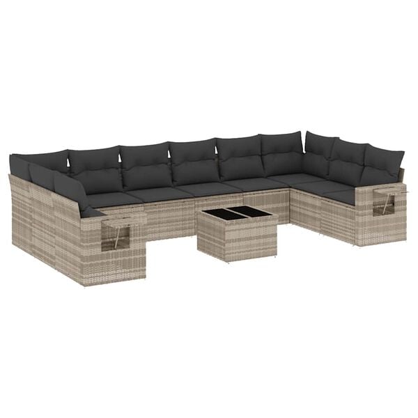 vidaXL 11-delige Loungeset met kussens poly rattan lichtgrijs