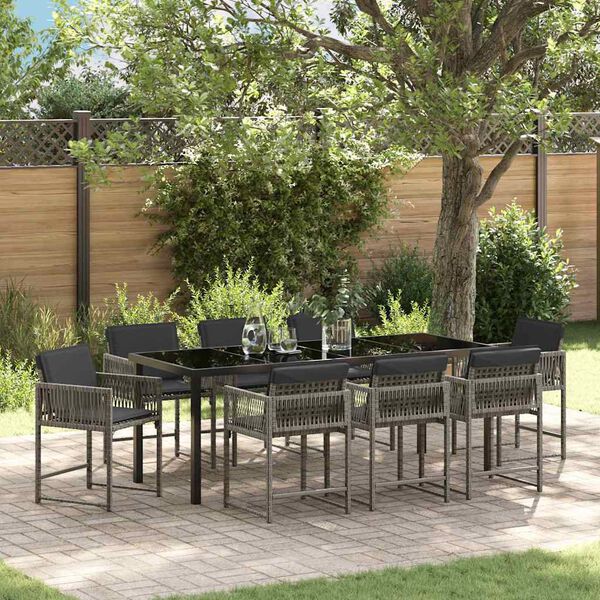 vidaXL Tuin eettafelset 9 pcs Grijs poly rattan