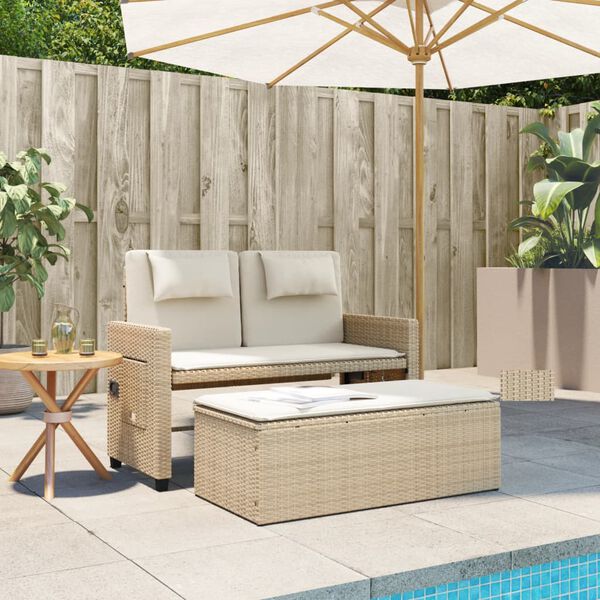 vidaXL Tuinbankje verstelbaar met kussens poly rattan beige