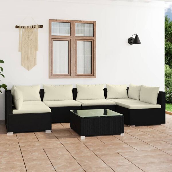 vidaXL 7-delige Loungeset met kussens poly rattan zwart