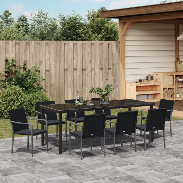 vidaXL Tuin eettafelset 9 pcs Zwart en Grijs PE Rattan