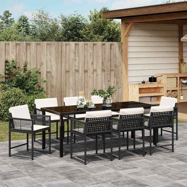 vidaXL Tuin eettafelset 9 pcs Zwart poly rattan