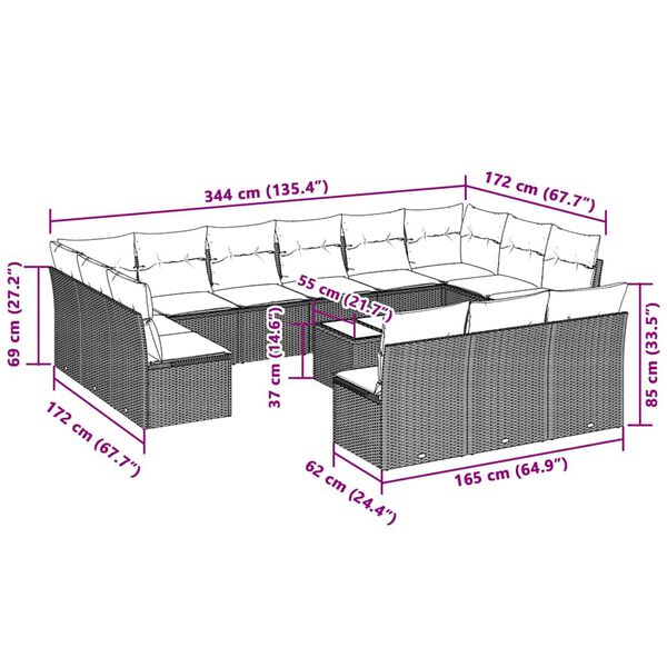 vidaXL 14-delige Loungeset met kussens poly rattan lichtgrijs