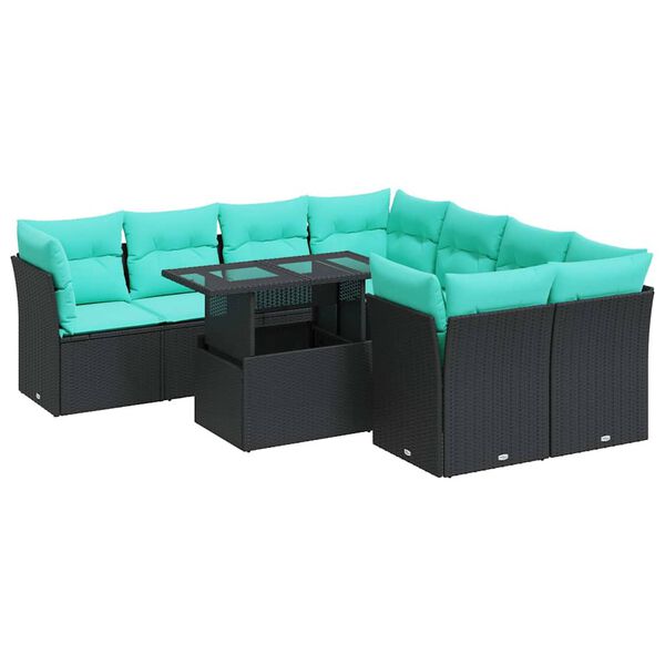 vidaXL 9-delige Loungeset met kussens poly rattan acacia zwart