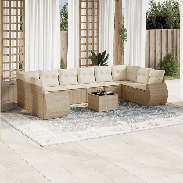 vidaXL 11-delige Tuinset met kussens poly rattan beige