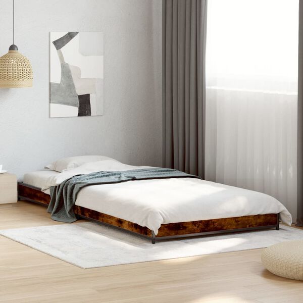 vidaXL Bedframe bewerkt hout en metaal gerookt eikenkleurig 75x190 cm