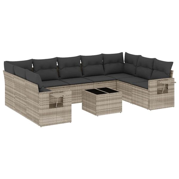 vidaXL 10-delige Loungeset met kussens poly rattan lichtgrijs