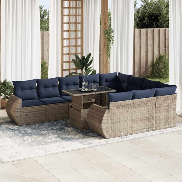 vidaXL 11-delige Loungeset met kussens poly rattan acacia grijs