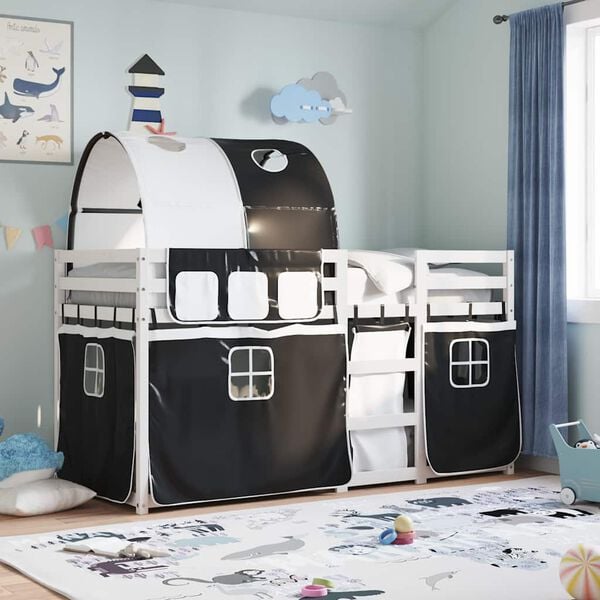 vidaXL Stapelbed met gordijnen 90x190 cm grenenhout wit en zwart